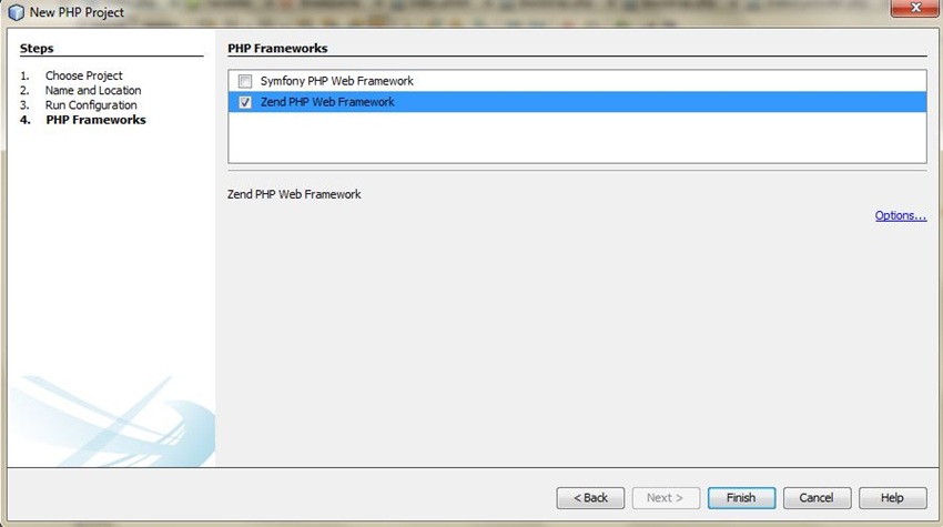 Select the PHP framework as Zend then finish